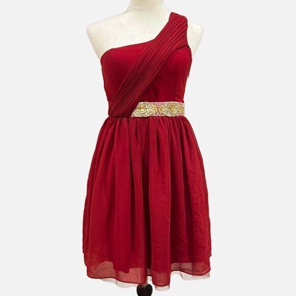 Minuet One shoulder red and gold cocktail dress - Picture 1 of 7